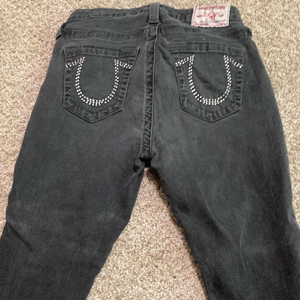 True Religion Black Skinny Jeans with Signature Stitching rhinestone detailing